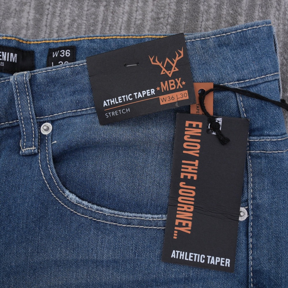 MBX Denim Los Angeles Mens Athletic Taper Stretch Jeans Blue 36x30 (39x30.5) NWT
